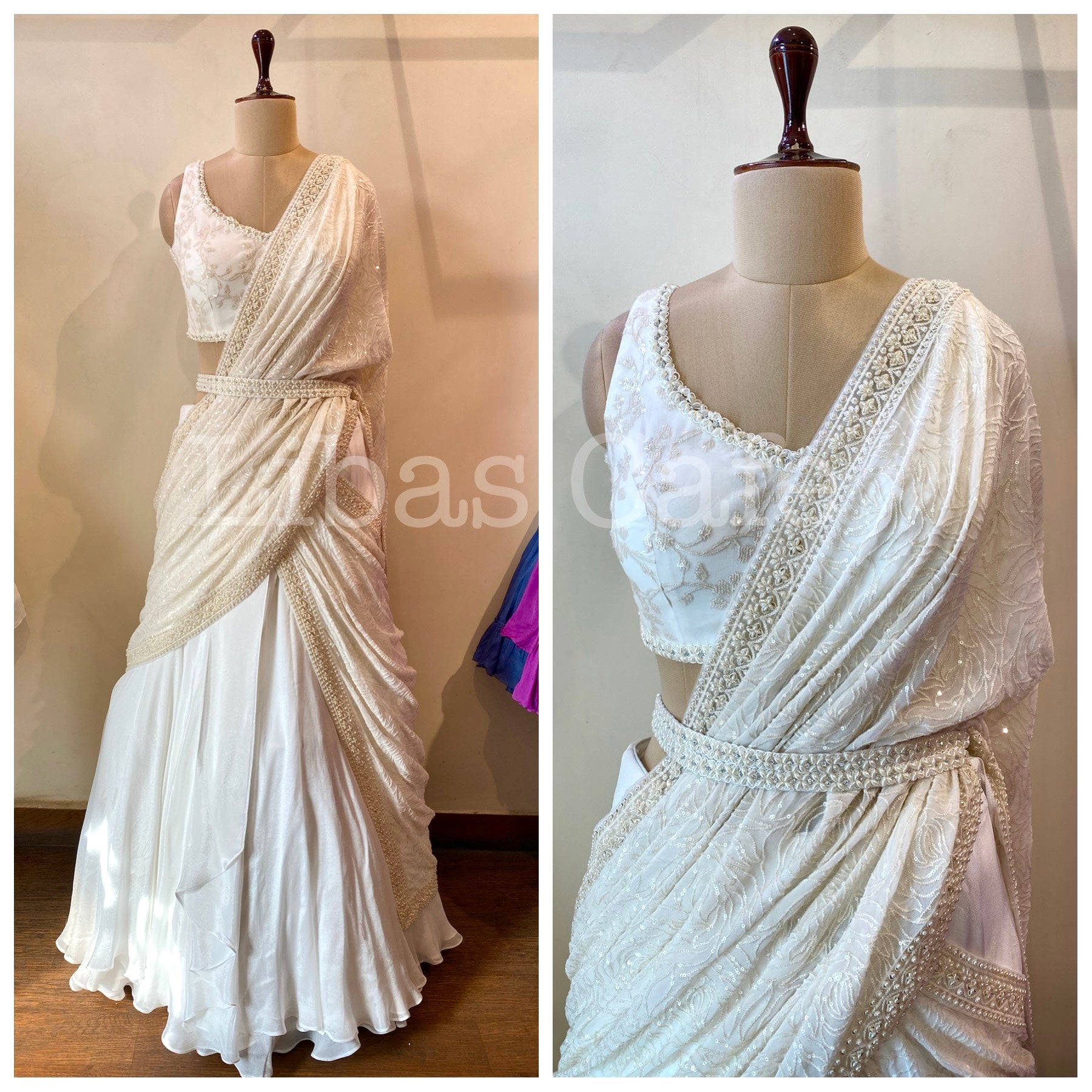 Ivory Pearl And Gold Embelished Lehenga Saree